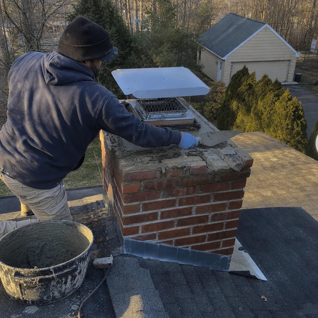 Professional contractor repairing a brick chimney crown with mortar on a roof