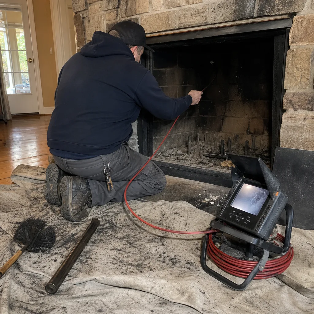 professional chimney sweep using a fireplace inspection camera