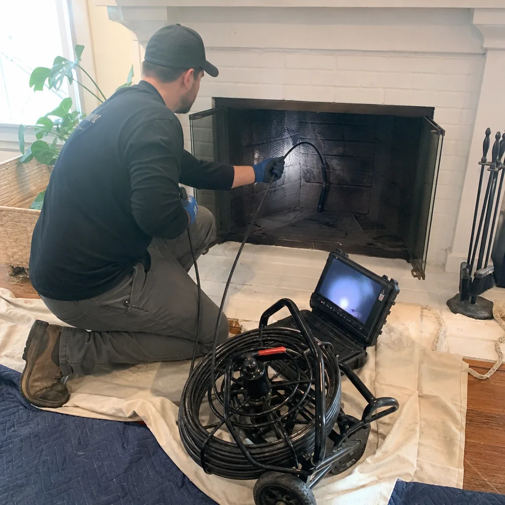 Technician using a chimney inspection camera to evaluate a residential fireplace.