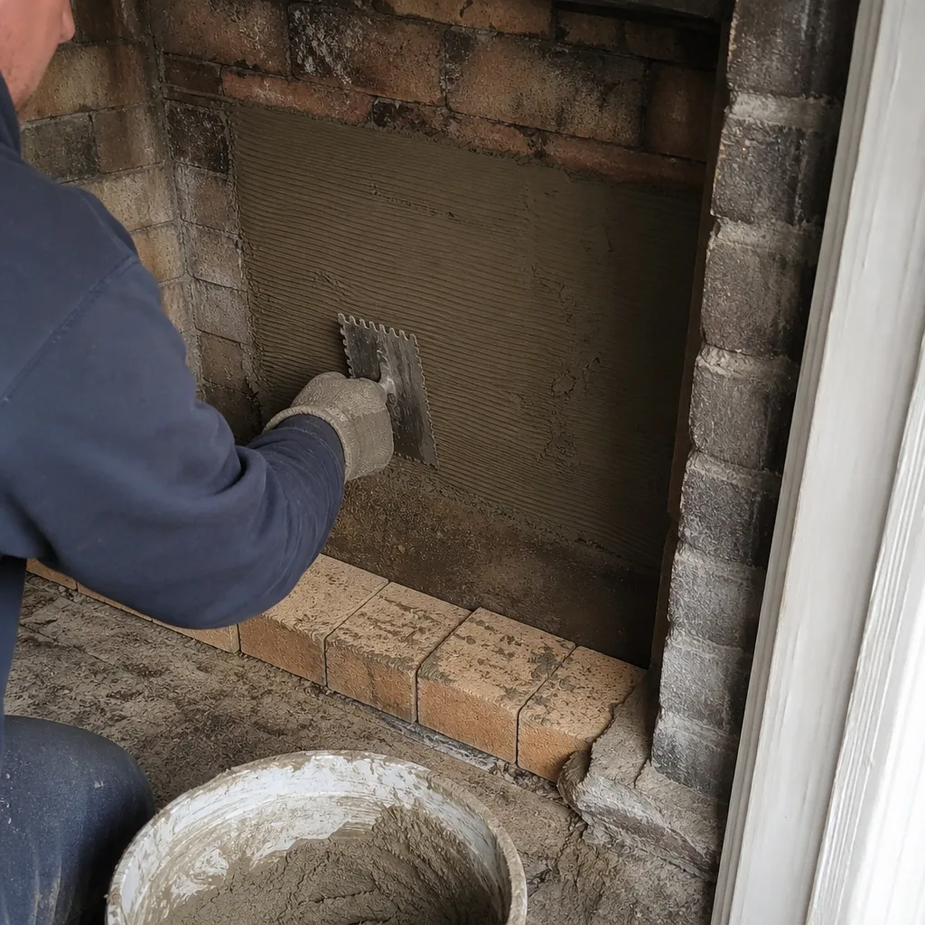 Professional contractor applying mortar to fireplace wall for tile installation