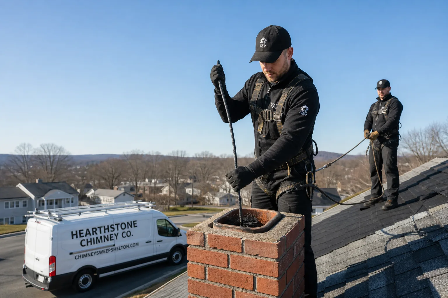 Hearthstone Chimney Co. chimney cleaning service vehicle and crew in Shelton, CT